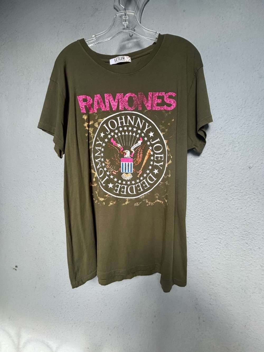 Olive Green Ramones Graphic Tee with Pink Glitter Logo